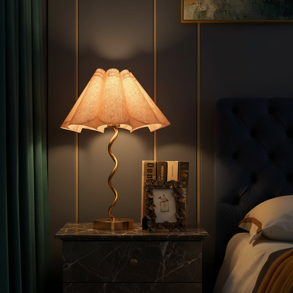 Lumora Scalloped Table Lamp – Gold & Linen Bedside Glow