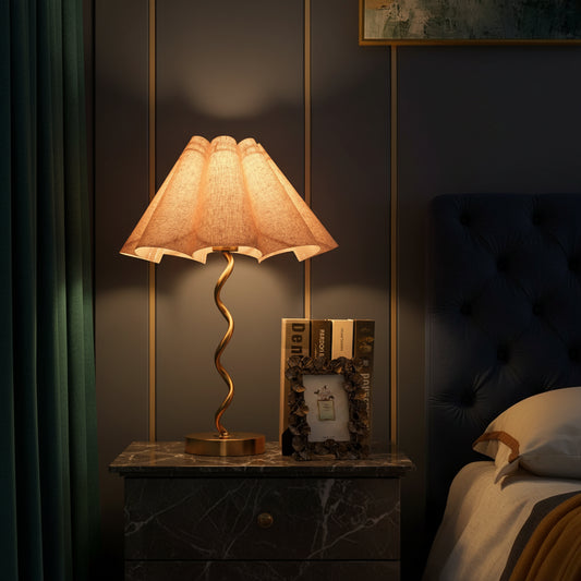 Lumora Scalloped Table Lamp – Gold & Linen Bedside Glow