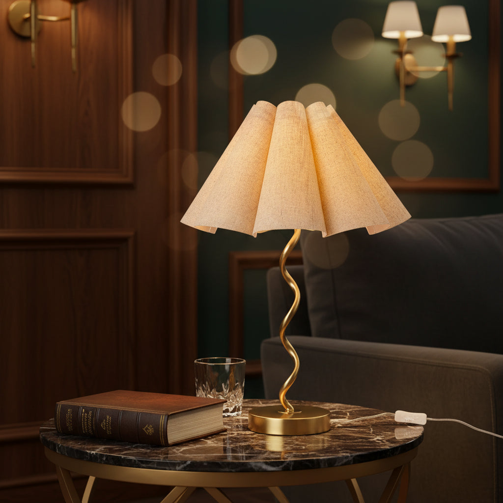 Lumora Scalloped Table Lamp – Gold & Linen Bedside Glow